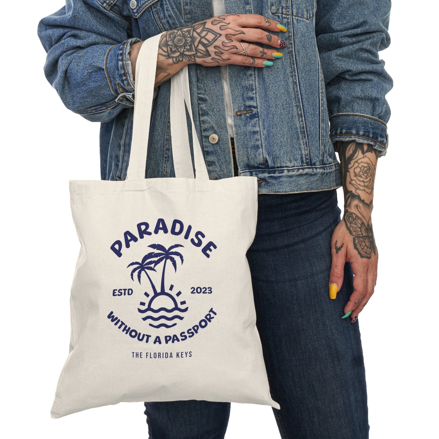 paradise without a passport tote bag - blue - florida keys tote bag