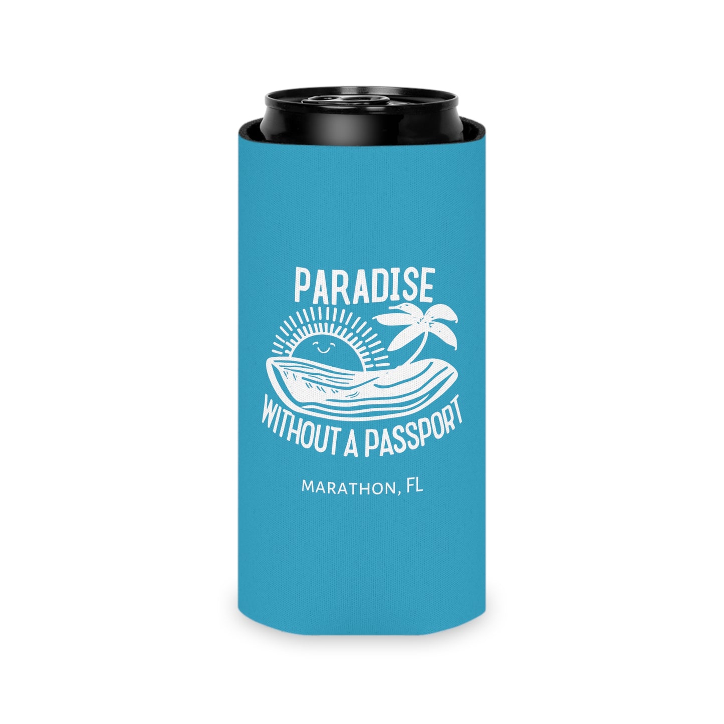 PARADISE WITHOUT A PASSPORT - MARATHON FL, BLUE CAN COOZIE with white