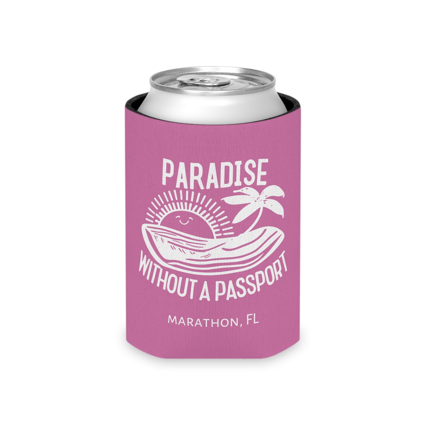 Paradise without a Passport - MARATHON FL, Pink can coozie, slim and regular cans