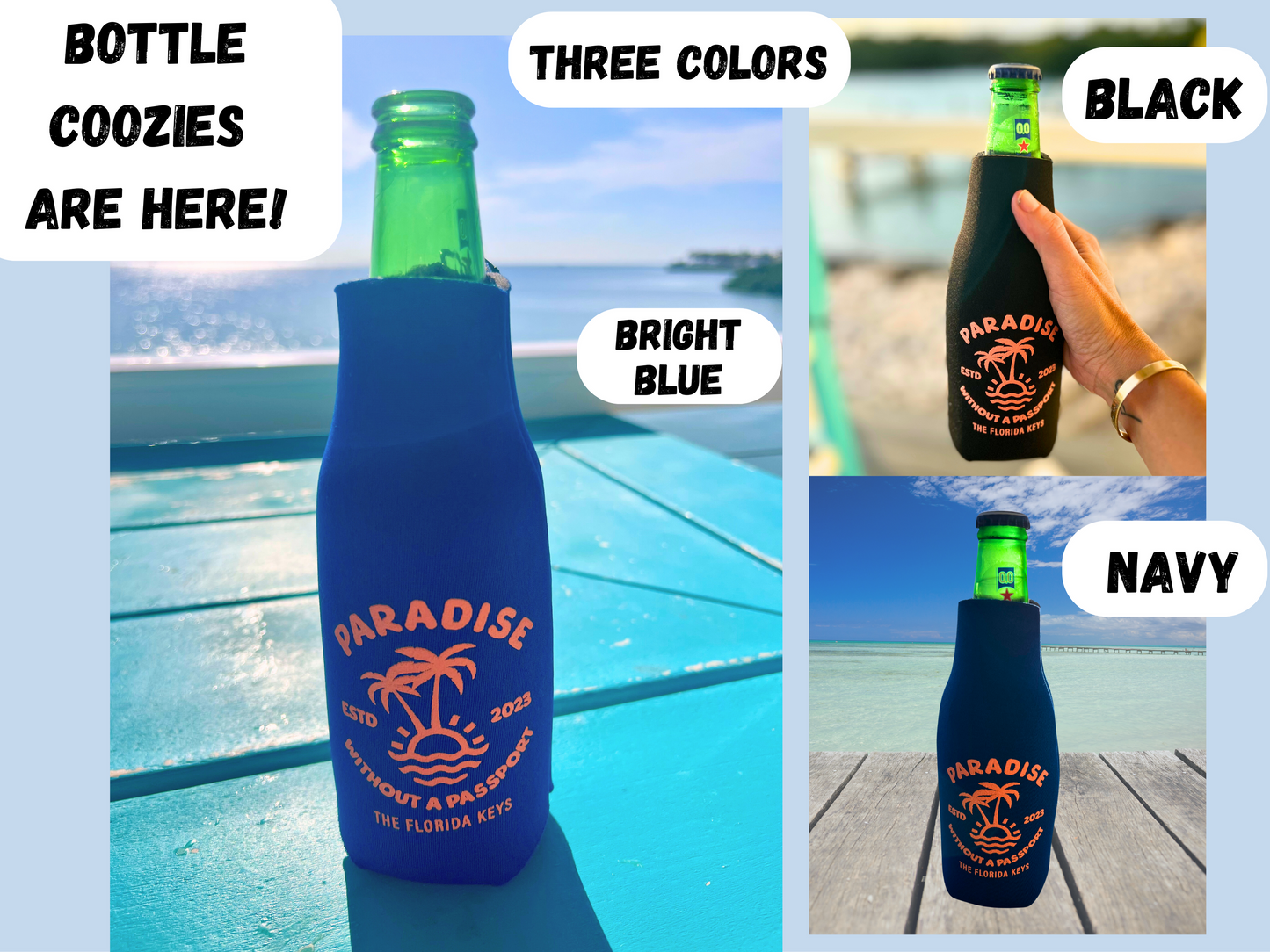Florida Keys Bottle Coozies - "paradise without a passport" blue, navy & black