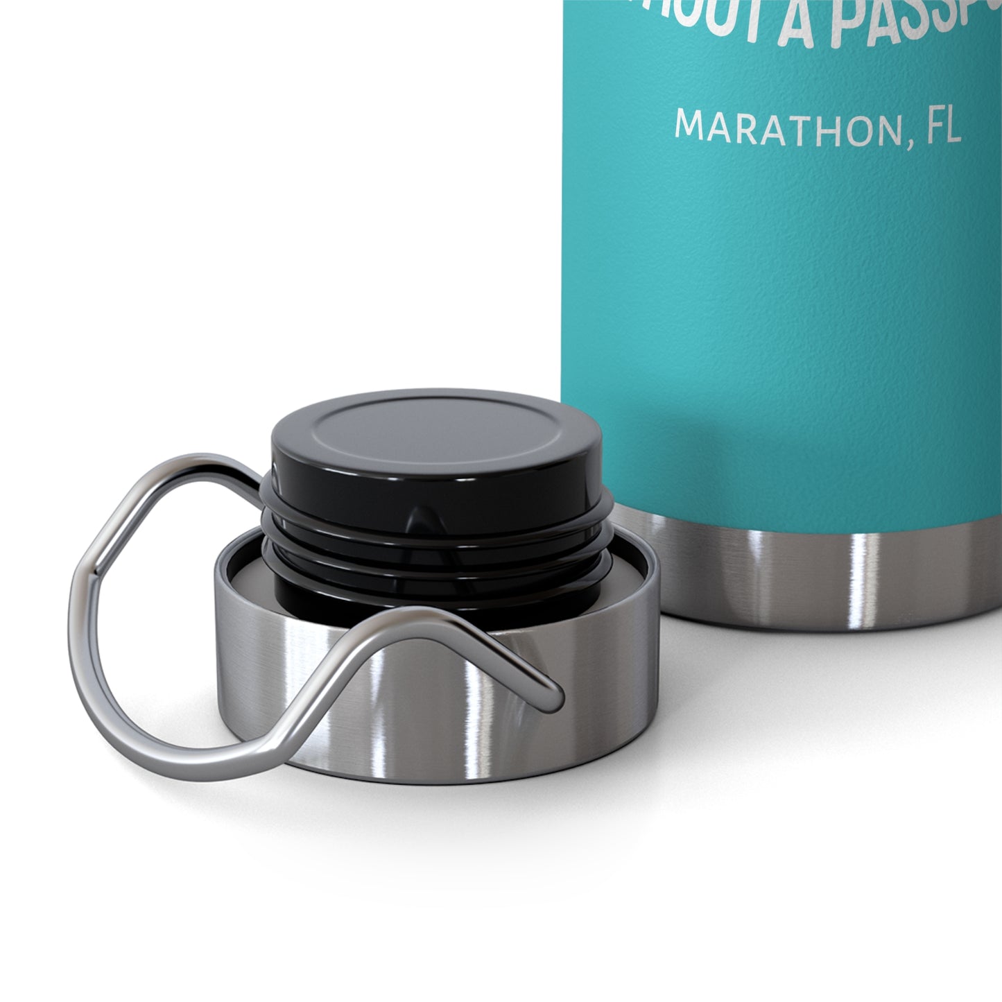 "paradise without a passport" - insulated water bottle, white logo