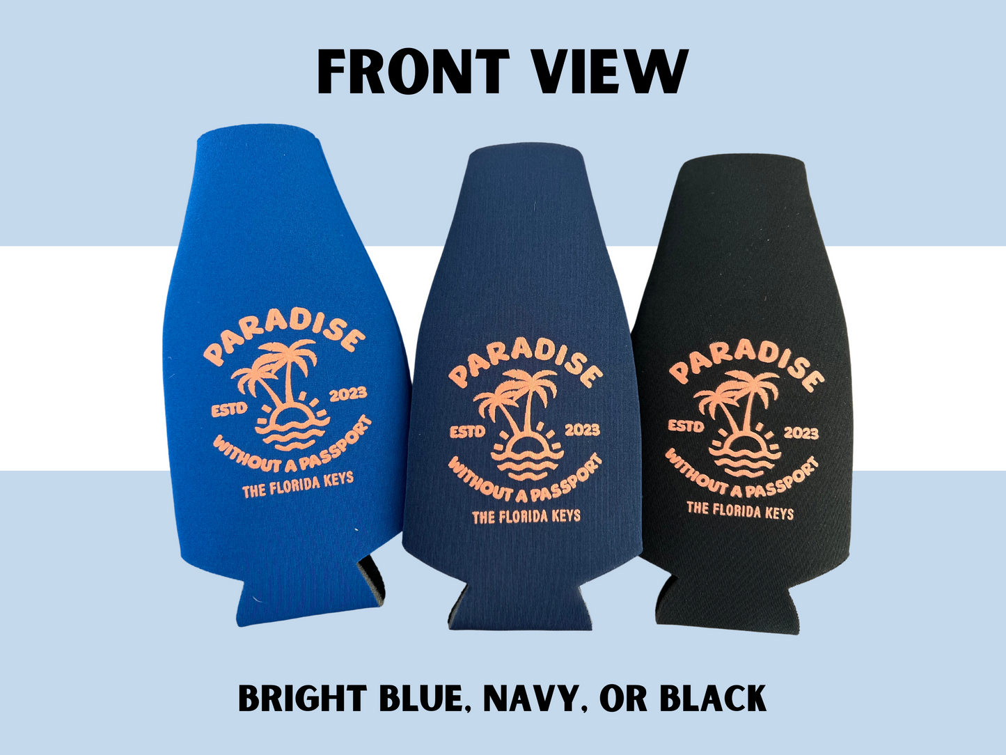 Florida Keys Bottle Coozies - "paradise without a passport" blue, navy & black