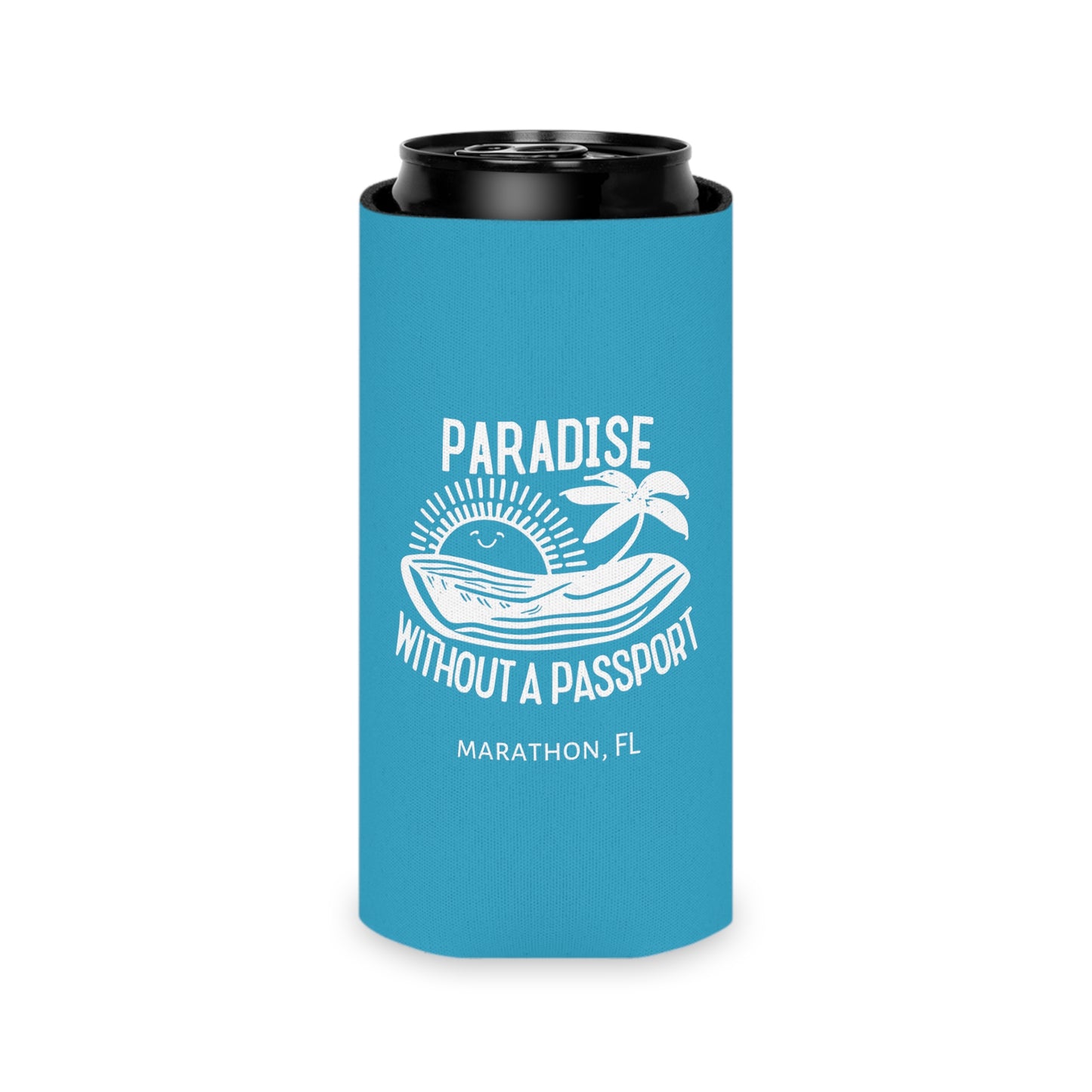 PARADISE WITHOUT A PASSPORT - MARATHON FL, BLUE CAN COOZIE with white