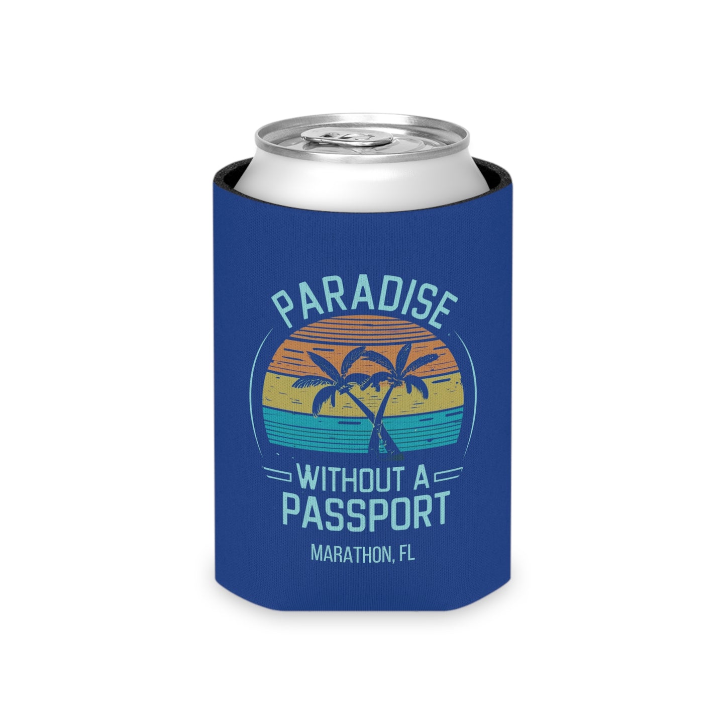 Paradise without a Passport - MARATHON FL, Blue can coozie, slim and regular cans