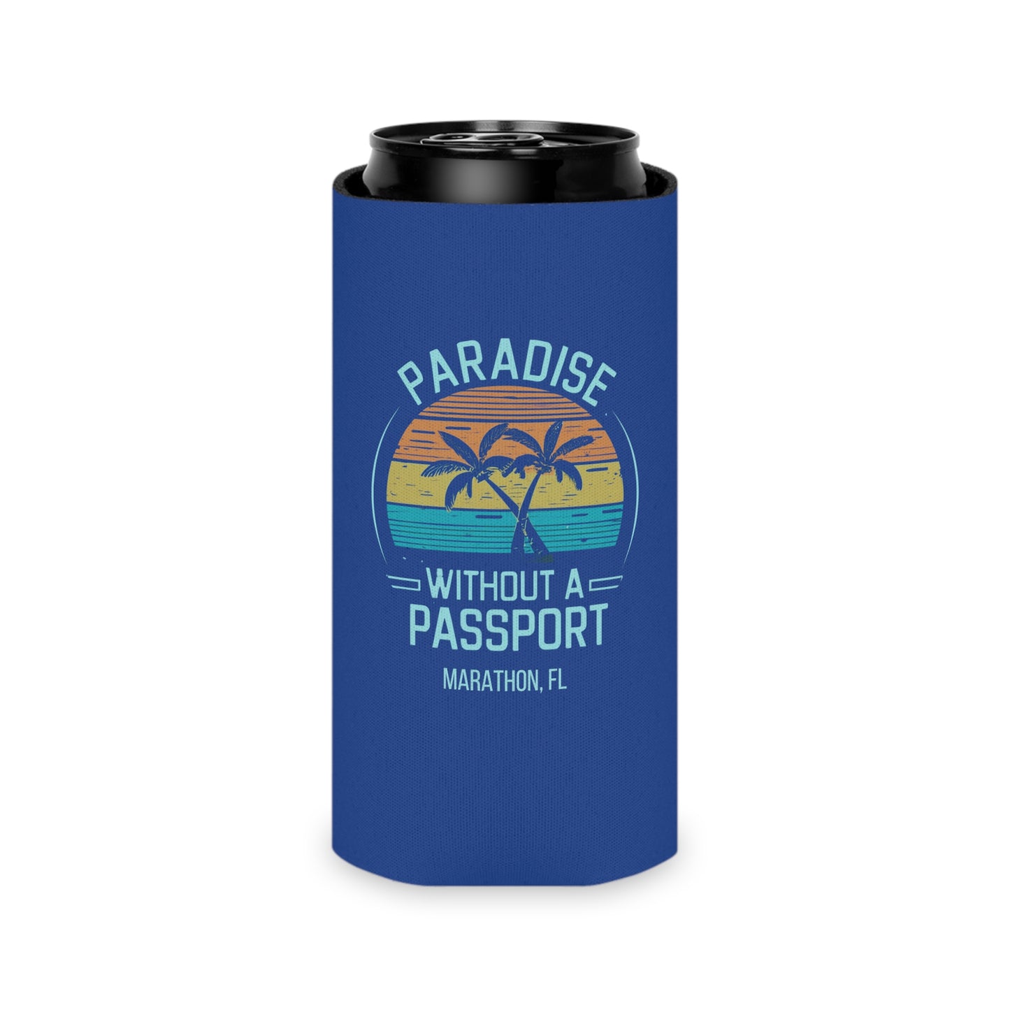 Paradise without a Passport - MARATHON FL, Blue can coozie, slim and regular cans