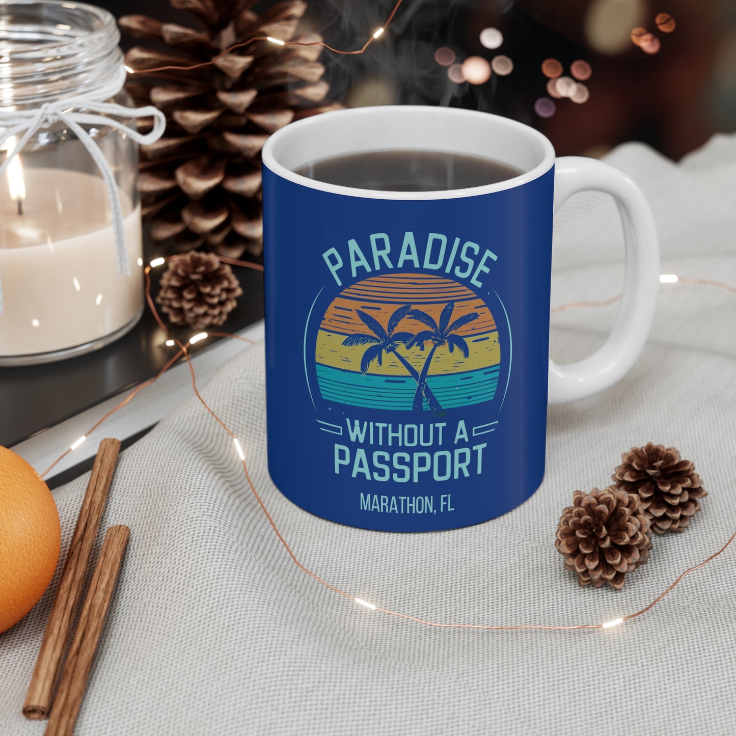 paradise without a passport mug - blue retro