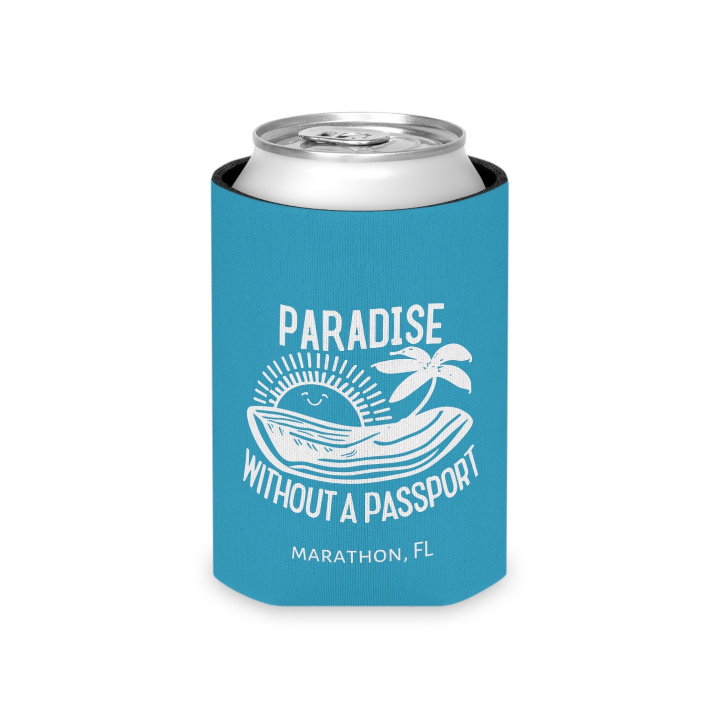 PARADISE WITHOUT A PASSPORT - MARATHON FL, BLUE CAN COOZIE with white