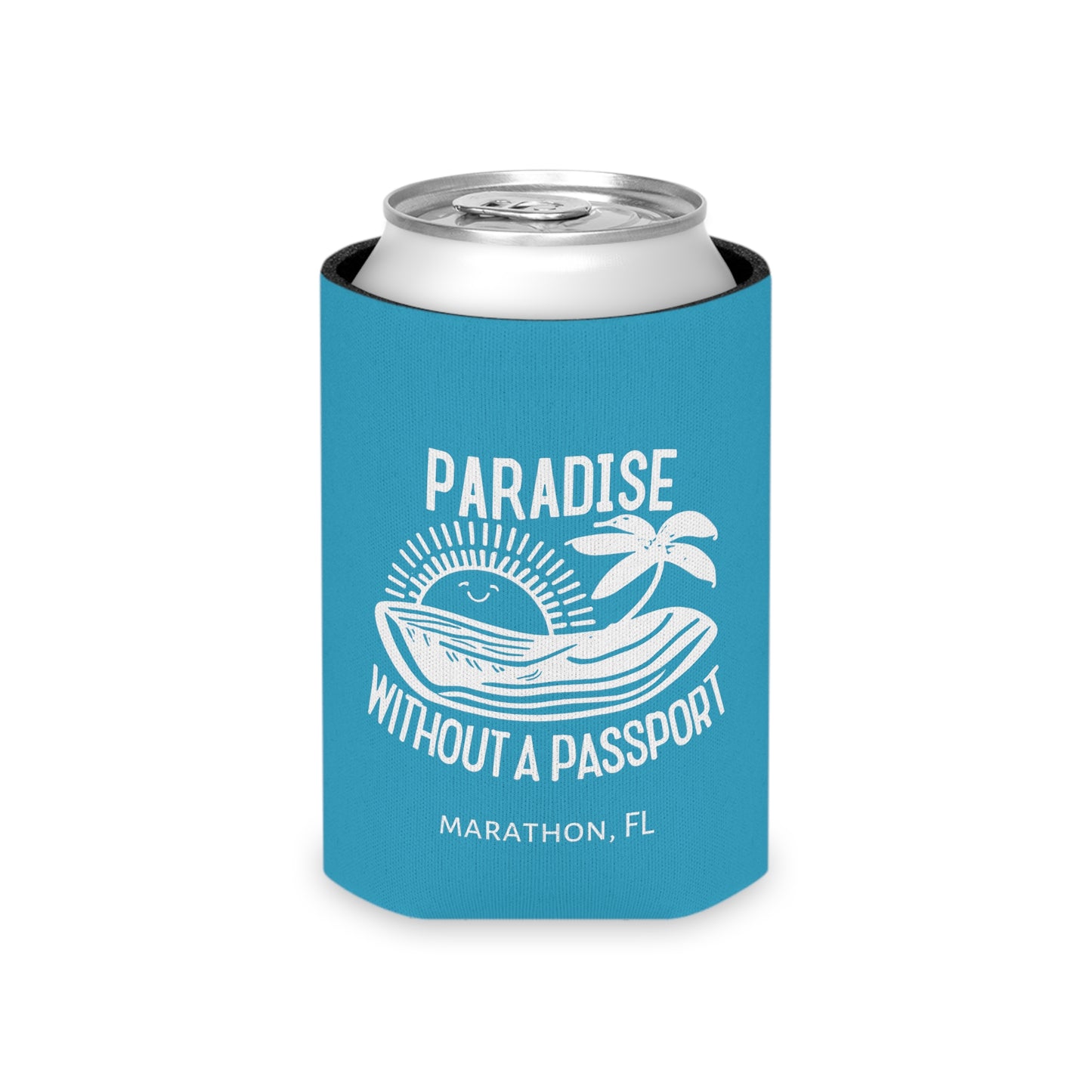 PARADISE WITHOUT A PASSPORT - MARATHON FL, BLUE CAN COOZIE with white