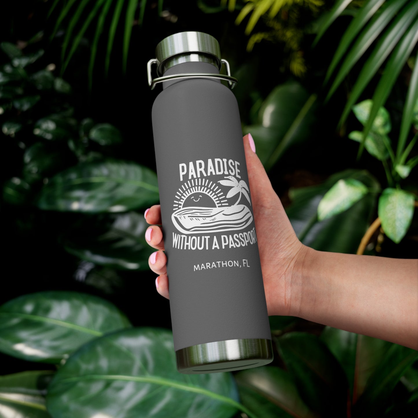 "paradise without a passport" - insulated water bottle, white logo