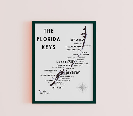 Florida Keys Map - Keys Silhouette - Black & White Wall Art - Vertical map Poster